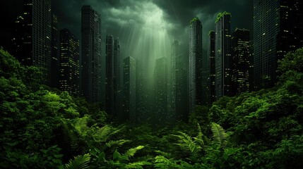 Vibrant Urban Jungle with Towering Skyscrapers Surrounded by Lush Greenery Creating a Harmonious Blend of Nature and Modern Architecture in City Life