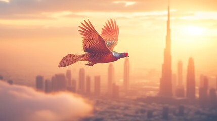 Obraz premium Majestic Pheasant Soaring Over Dubai Skyline at Sunset