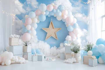 Bright and whimsical cake smash setup with balloons and plants
