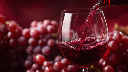 glass of red wine being poured, surrounded by fresh grapes, creates rich and inviting atmosphere. deep red hues evoke sense of warmth and indulgence