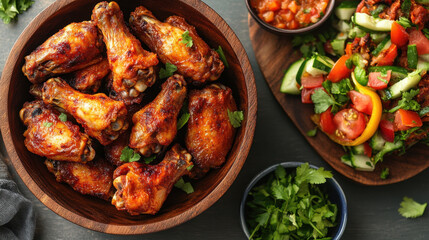Fototapeta premium Delicious chicken wings served in wooden bowl, accompanied by fresh salad and salsa. perfect keto friendly meal for gatherings or casual dining