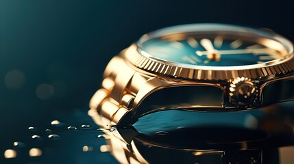 Close-up of a gold wristwatch with a dark green face, resting on a reflective surface with water droplets.