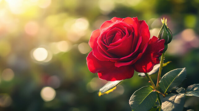 vibrant red rose with rich deep hues blooming in garden, surrounded by soft sunlight and blurred greenery, evokes feelings of love and beauty