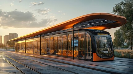 Obraz premium Modern Tram Station at Sunset: Innovative Urban Transit Design