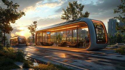 Obraz premium Futuristic Tram Station at Sunset: Eco-Friendly Public Transportation Design