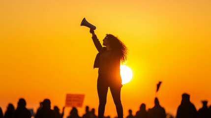 Empowered woman raising megaphone during sunset protest, symbolizing strength and leadership. vibrant colors of sunset enhance emotional impact of scene