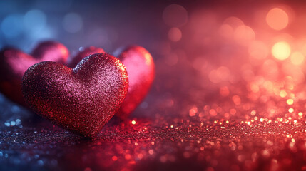 Obraz premium Glittering red hearts on sparkling background create romantic atmosphere perfect for Valentine Day celebrations