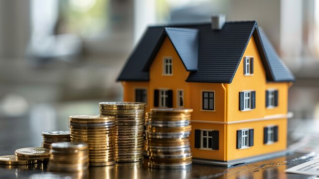 2024 end year to Happy New Year 2025 with house model and Coins stack.  