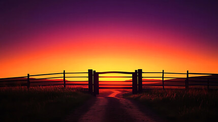 dramatic ranch gate silhouetted against fiery orange sunset, creating serene and captivating scene