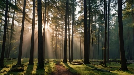 Quiet morning in a forest. Generative ai.