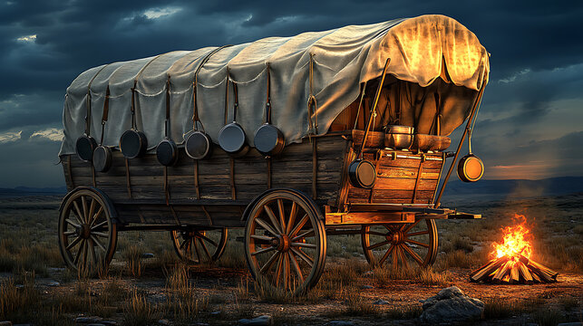 classic chuckwagon with wooden wheels and canvas cover, set against dramatic sky, evokes sense of adventure and nostalgia