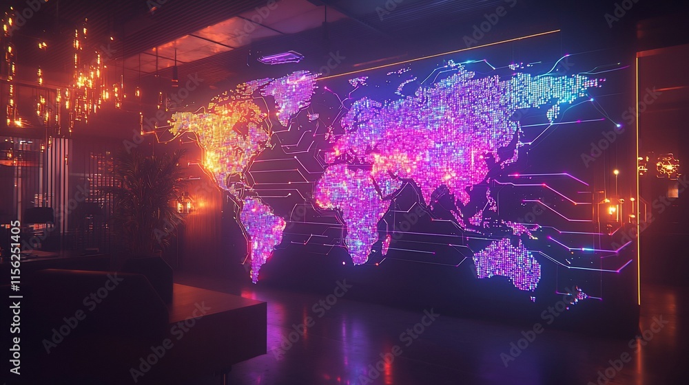 Poster futuristic world map display in modern interior.