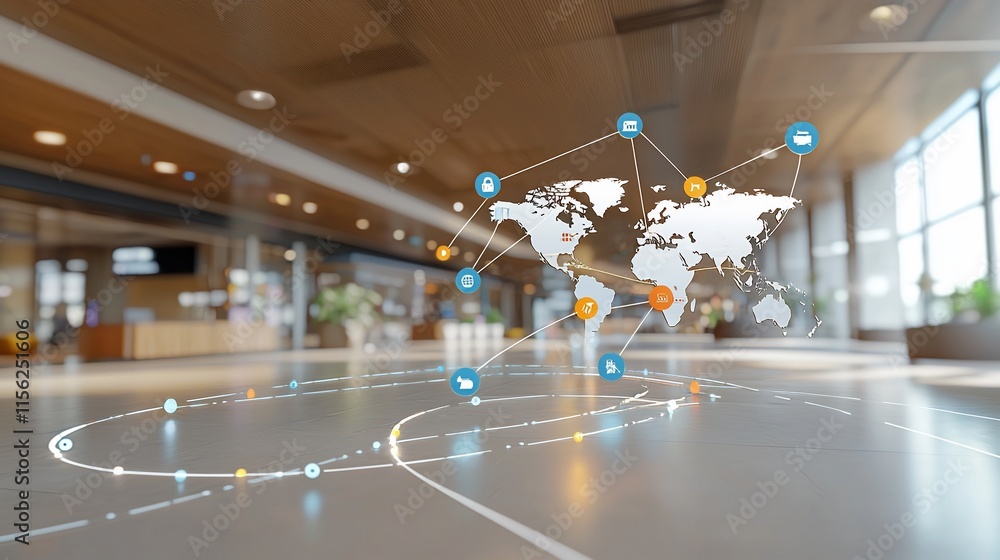 Poster Global network connection visualized on a transparent screen in a modern building.
