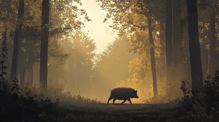 Naklejka premium Strong lonely wild boar stays in forests.