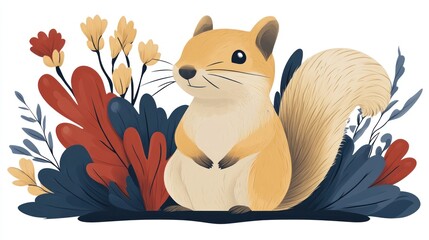 Fototapeta premium Squirrel with folk art style leaves and floral pattern