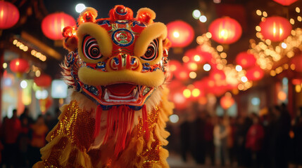 Chinese lion dance performance with vibrant colors and festive atmosphere, surrounded by red lanterns and crowds celebrating night in ancient China