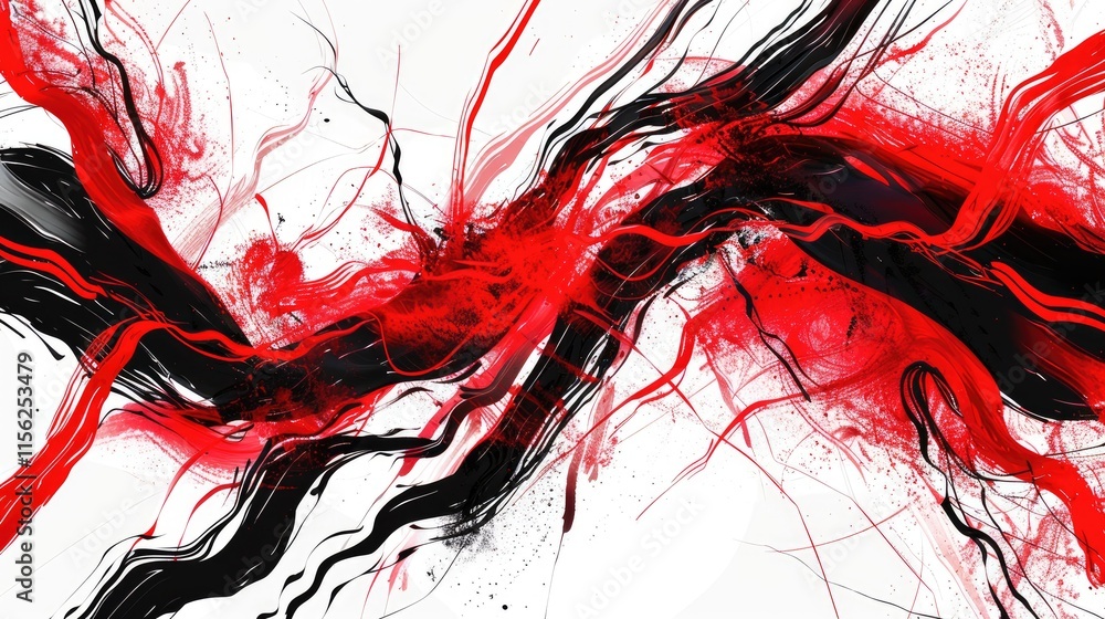 Poster abstract red and black digital artwork with fluid lines and dynamic movement.
