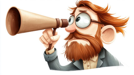 Fototapeta premium A curious man with a beard looks through a telescope, embodying a sense of exploration and discovery in a whimsical, cartoonish style.