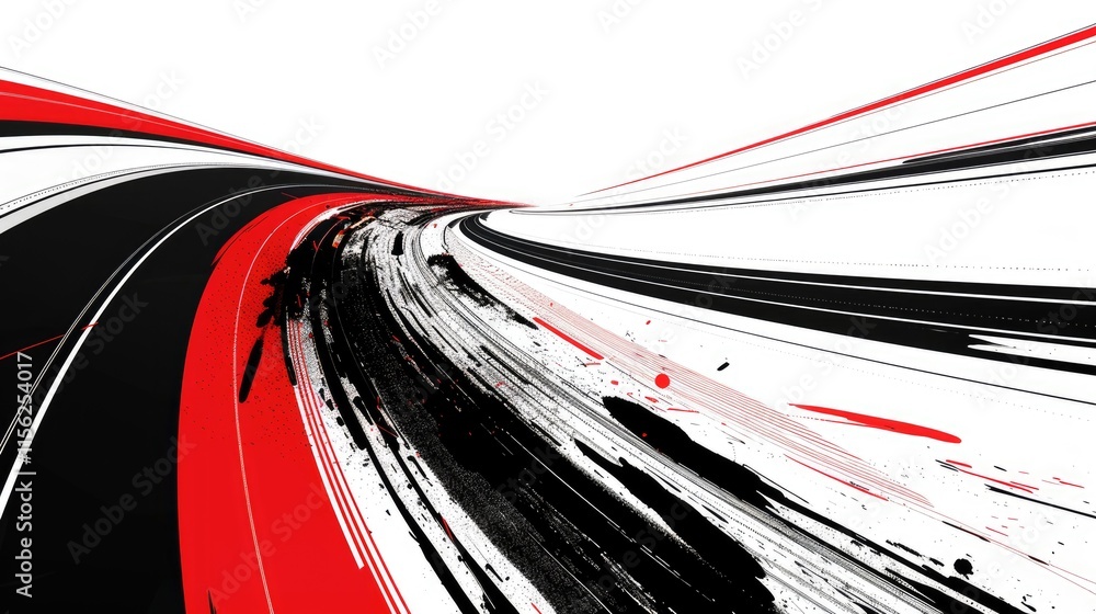 Poster abstract design featuring dynamic red, black, and white lines creating a sense of movement.