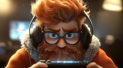 A focused character with orange hair and glasses intensely plays a video game, wearing headphones in a dimly lit gaming environment.