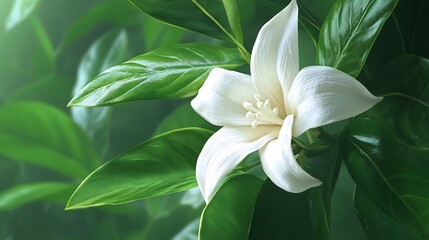 Obraz premium Serene White Flower Blossom Amidst Lush Green Foliage