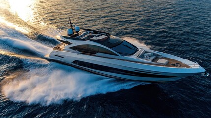 Luxury motor yacht speeding across ocean at sunset. (1)