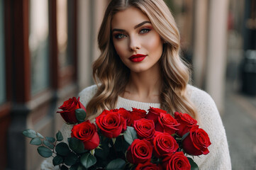 White girl with bunch of red roses, cinematic view loving and romantic image for valentine day