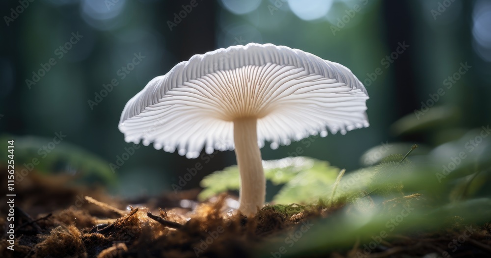 Poster a close-up of a delicate mushroom with intricate gills, set against a soft, blurred forest backgroun