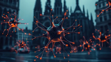 Fototapeta premium Intricate Neurons Model Illuminated by Red Lights Showcasing the Complex Beauty of Neural Networks in a Captivating Scientific Visualization