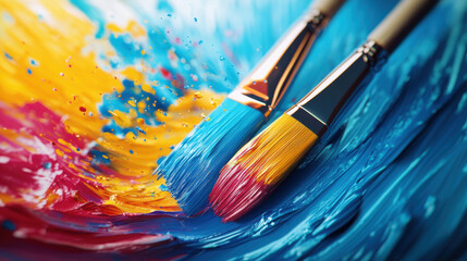 Fototapeta premium Colorful paintbrushes creating vibrant colors on canvas, showcasing blend of blue, yellow, and red hues. dynamic strokes evoke creativity and artistic expression
