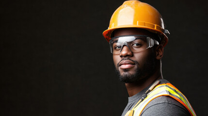 Confident construction professional wearing hard hat and safety glasses, showcasing strong presence. image captures essence of safety and professionalism in construction industry