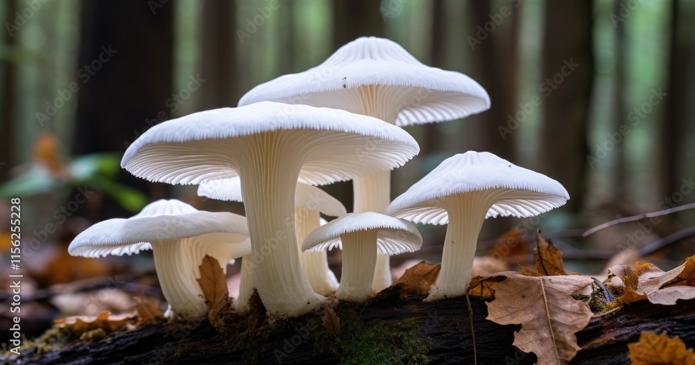 Poster a cluster of white mushrooms growing on a log in a serene forest setting.