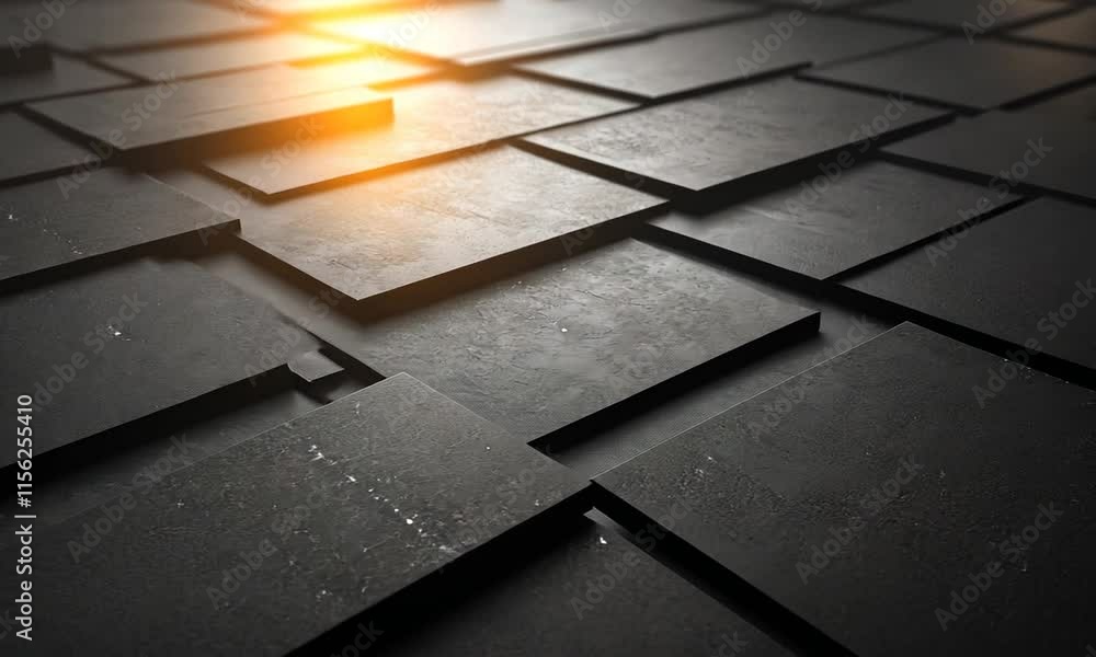 Poster abstract dark grey tiles pattern: a 3d render of geometric shapes with warm light