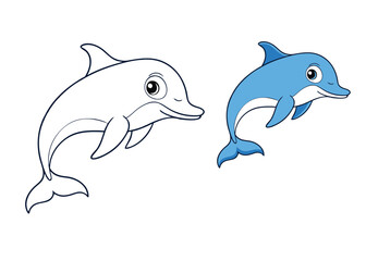 A playful dolphin swimming through the ocean, with smooth curves and a joyful expression. Perfect for coloring, featuring ocean waves and friendly sea life elements.