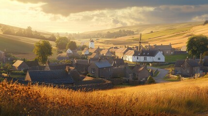 Obraz premium Sunrise over idyllic rural village nestled in valley.