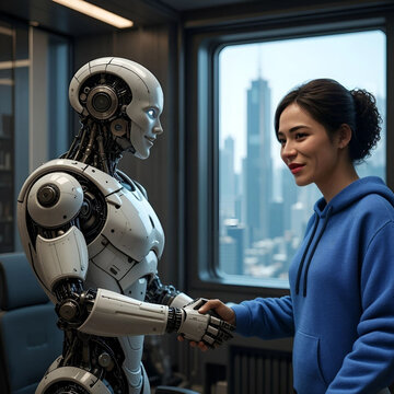 Mujer estrechando la mano de un robot con inteligencia artificial