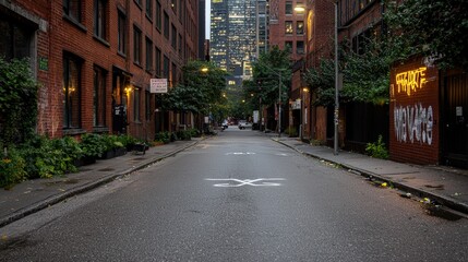 Obraz premium A Serene Urban Street Scene Featuring a Freshly Painted White Line Dividing the Road Surrounded by Lush Greenery and Vibrant City Life Under Clear Sky