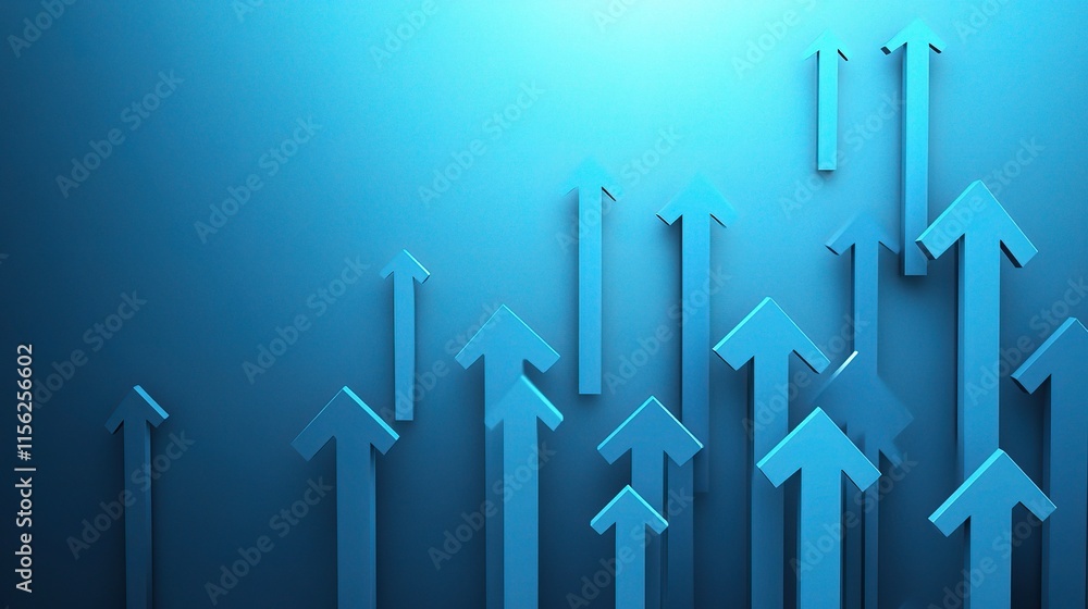 Poster blue background with multiple upward pointing arrows design