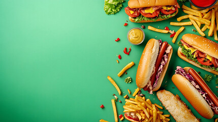 Delicious assortment of hot dogs, burgers, and fries on vibrant green background. 