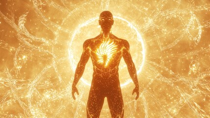 Fototapeta premium Glowing man with fiery heart, cosmic background.