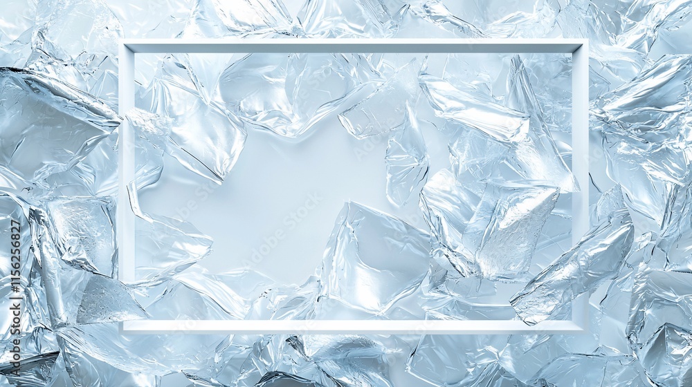 Poster white frame on light blue background surrounded by ice shards.