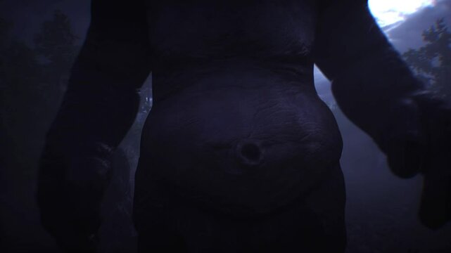 Big ugly scary troll, goblin walk in night fog forest. Horror mystic concept. Realistic 4k animation.