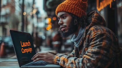 Young Man Working on Launch Campaign Outdoors