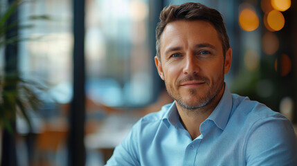 Fototapeta premium confident man in blue shirt smiles warmly in modern corporate space, showcasing professional atmosphere. His relaxed demeanor adds to inviting ambiance