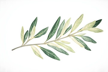 Fototapeta premium Detailed Botanical Illustration of Olive Branch with Green and Yellow Leaves on White Background