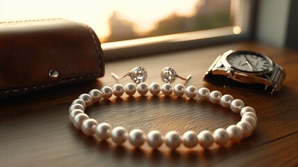 Elegant pearl necklace, diamond earrings, and wristwatch on wooden surface near window with sunset view.