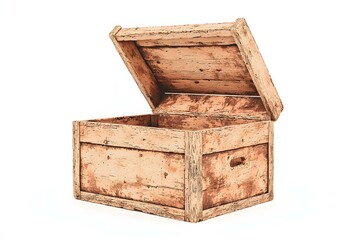Rustic Wooden Box with Open Lid on White Background for Storage and Decorative Use