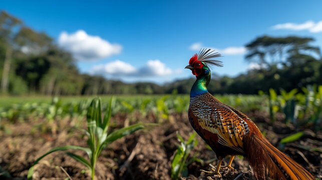 Majestic Himalayan Monal Pheasant in a Lush Cornfield