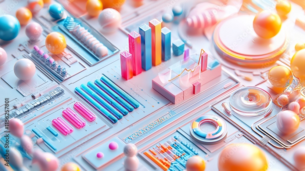 Aufkleber Abstract 3D data visualization with colorful charts and spheres.