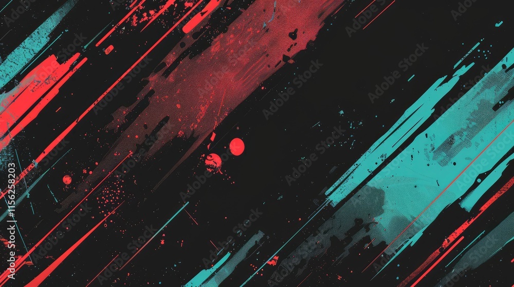 Poster abstract digital artwork featuring dynamic strokes in red and teal against a dark background.